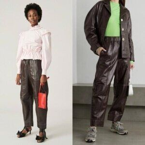 Ganni Mid Rise Wide Leg Barrel Lamb Leather Mole Brown Pants Size S